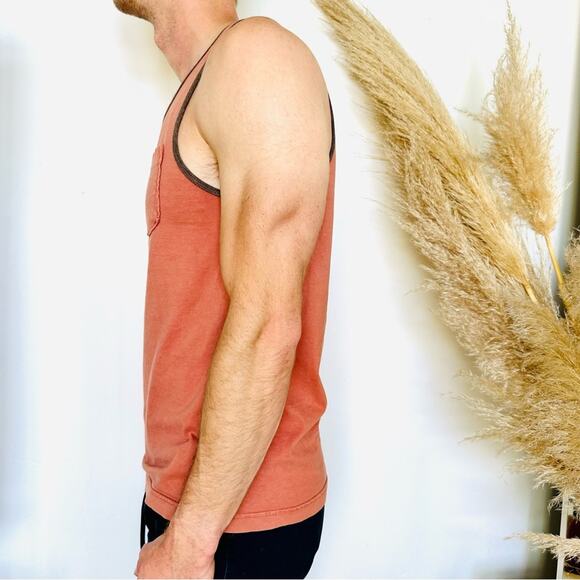 MENS SUN DIEGO Coral Brown Grey Contrast Two Tone Sleeveless Tank Top Pocket S - Picture 7 of 10